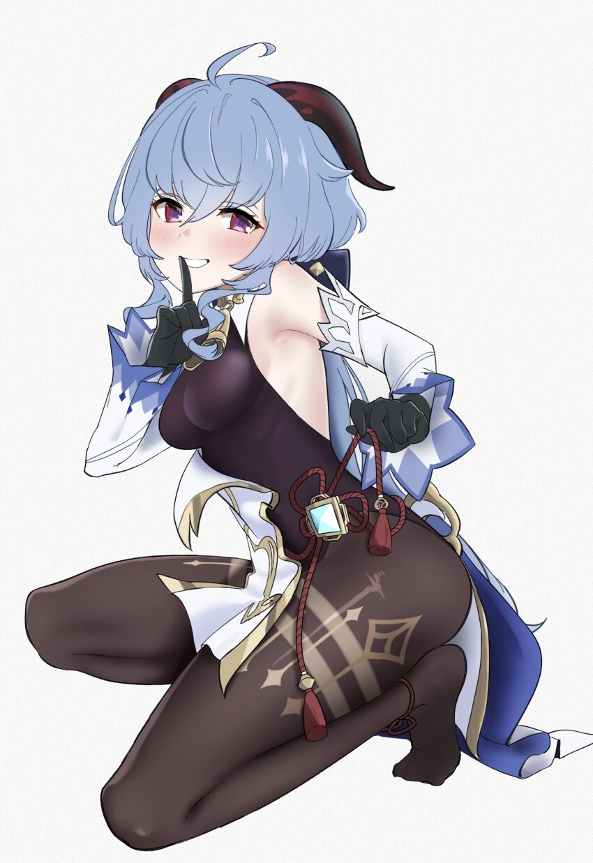 1girl absurdres bell black_gloves black_leotard black_pantyhose blue_hair blush breasts detached_sleeves ganyu_(genshin_impact) genshin_impact gloves grey_background highres horns index_finger_raised jewelry leotard long_hair looking_at_viewer low_ponytail medium_breasts multicolored_eyes neck_bell on_one_knee pantyhose ponytail purple_eyes red_eyes simple_background solo tassel thighlet vision_(genshin_impact) what_a