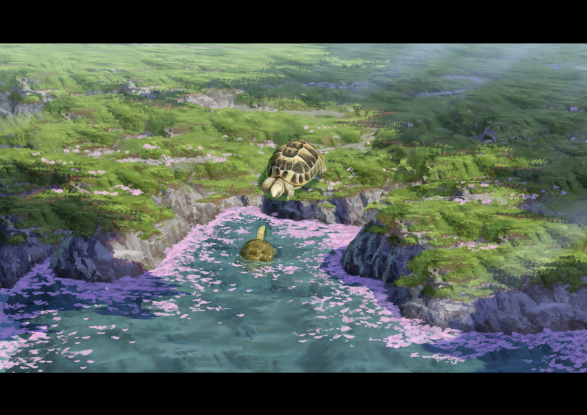absurdres animal animal_focus cherry_blossoms day grass highres no_humans original outdoors pond scenery sumassha_t_t tortoise turtle water