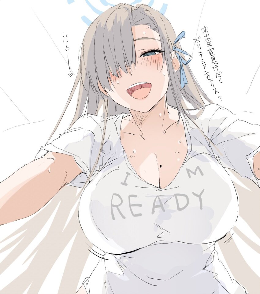 1girl asuna_(blue_archive) blue_archive blue_eyes blue_ribbon blush breasts cleavage clothes_writing commentary_request eyelashes hair_over_one_eye hair_ribbon half-closed_eyes halo heart highres large_breasts long_hair looking_at_viewer mole mole_on_breast open_mouth ribbon shirt short_sleeves simple_background solo sweat t-shirt translation_request upper_body very_long_hair white_shirt zekkyon