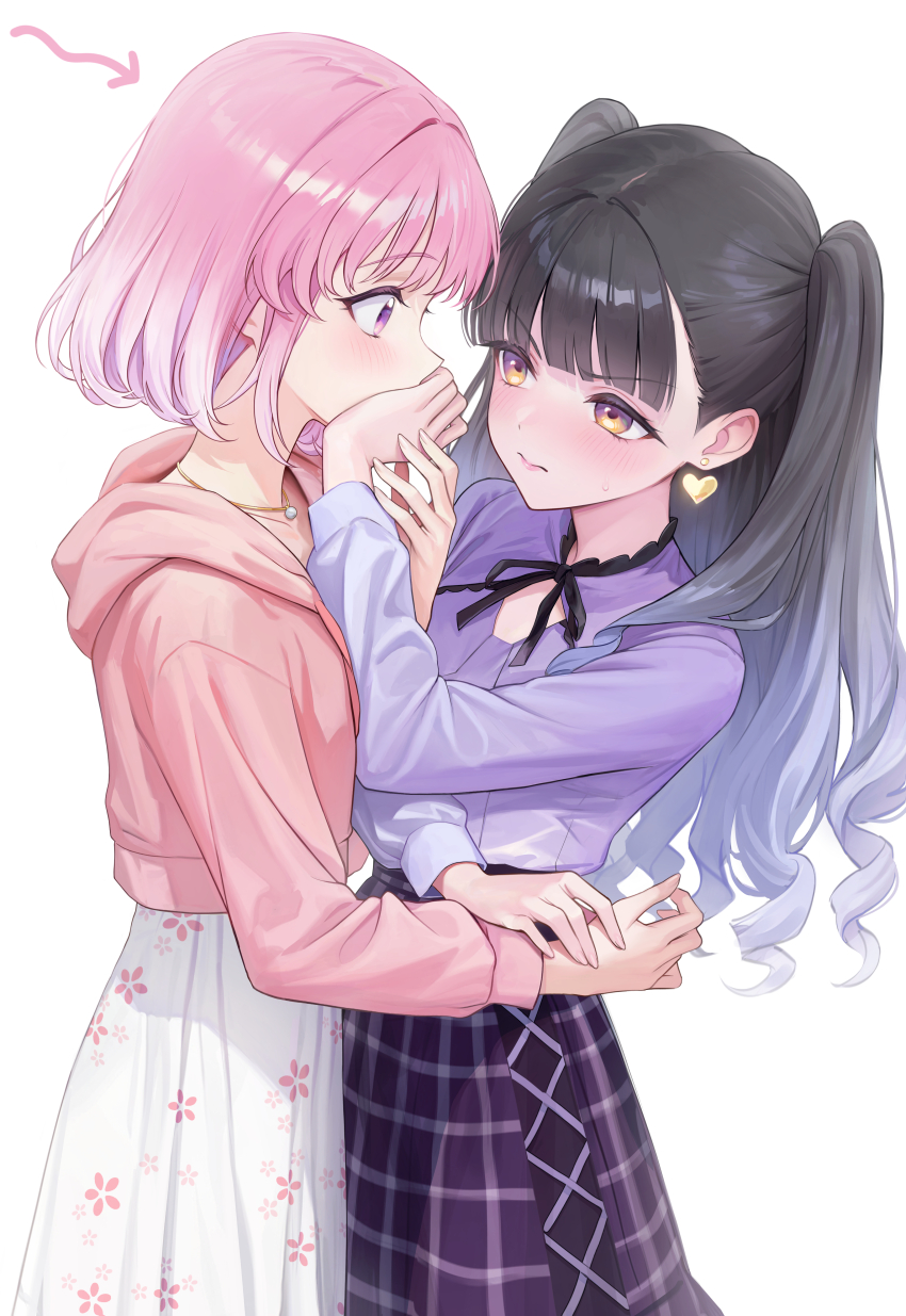 2girls absurdres akagi_yuina black_hair blush checkered_clothes checkered_skirt commentary_request earrings embarrassed floral_print hand_on_another&#039;s_face highres jacket jewelry long_hair long_skirt long_sleeves maebashi_witches medium_hair multiple_girls necklace niisato_azu nose_blush pink_eyes pink_hair rejected_kiss simple_background skirt tag_(tf18080512) twintails white_background yellow_eyes yuri