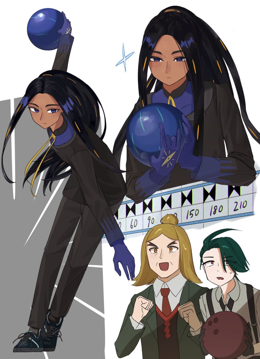 1boy 2girls ahoge arm_up ball black_footwear black_hair black_jacket black_pants blonde_hair blue_eyes blue_gloves blue_shirt bowling bowling_ball clenched_hands closed_mouth collared_shirt commentary_request geeta_(pokemon) gloves green_hair green_jacket hair_bun hassel_(pokemon) highres holding jacket leaning long_hair long_sleeves multicolored_hair multiple_girls multiple_views neck_ribbon necktie nintendo open_mouth pants pokemon pokemon_sv red_necktie ribbon rika_(pokemon) shirt shoes streaked_hair suspenders umebosi_nigame vest white_shirt yellow_ribbon