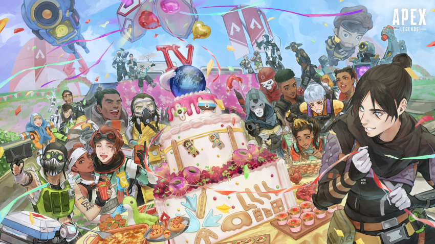 1other 6+boys 6+girls ^_^ absurdres anniversary apex_legends ash_(titanfall_2) balloon bandana bangalore_(apex_legends) bat_(animal) bird black_bodysuit black_gloves black_hair black_headwear black_sclera bloodhound_(apex_legends) blue_gloves blue_headwear blue_jacket blue_pants bodysuit bossan_3310 braid brown_eyes brown_hair cake catalyst_(apex_legends) caustic_(apex_legends) cellphone classic_revenant clenched_teeth closed_eyes colored_sclera corn_dog cropped_jacket crow crypto_(apex_legends) cup dark-skinned_female dark_skin detached_sleeves double_bun echo_(apex_legends) everyone eyebrow_cut eyeshadow face_piercing facial_hair facial_mark finger_gun food forehead_mark fuse_(apex_legends) gibraltar_(apex_legends) gloves goatee goggles goggles_on_head grey_hair hack_(apex_legends) hair_bun hairband helmet highres horizon_(apex_legends) humanoid_robot jacket lifeline_(apex_legends) loba_(apex_legends) long_hair looking_up mad_maggie_(apex_legends) makeup mask mechanical_arms mirage_(apex_legends) mouth_mask multiple_boys multiple_girls nessie_(respawn) newcastle_(apex_legends) non-humanoid_robot nose_piercing octane_(apex_legends) official_art olympus_(apex_legends) one-eyed open_mouth orange_bodysuit orange_jacket own_hands_together pants parted_lips pathfinder_(apex_legends) phone piercing popping rampart_(apex_legends) rebreather red_bandana red_eyeshadow red_hair revenant_(apex_legends) robot seer_(apex_legends) short_hair side_ponytail single_hair_bun single_mechanical_arm sleeveless sleeveless_jacket smartphone smile spacesuit streamers teeth twin_braids valkyrie_(apex_legends) vantage_(apex_legends) wattson_(apex_legends) white_gloves white_hairband white_jacket wraith_(apex_legends) yellow_eyes yellow_gloves
