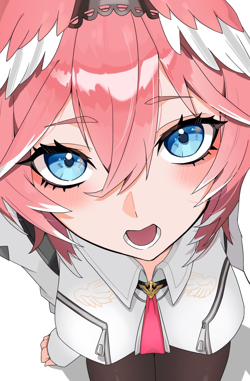 1girl absurdres blue_eyes breast_zipper breasts hair_between_eyes hairband head_wings highres hololive large_breasts long_sleeves looking_at_viewer necktie oru_0653 pink_hair pink_necktie pink_wings puffy_long_sleeves puffy_sleeves shirt short_hair solo takane_lui takane_lui_(1st_costume) virtual_youtuber white_shirt wings