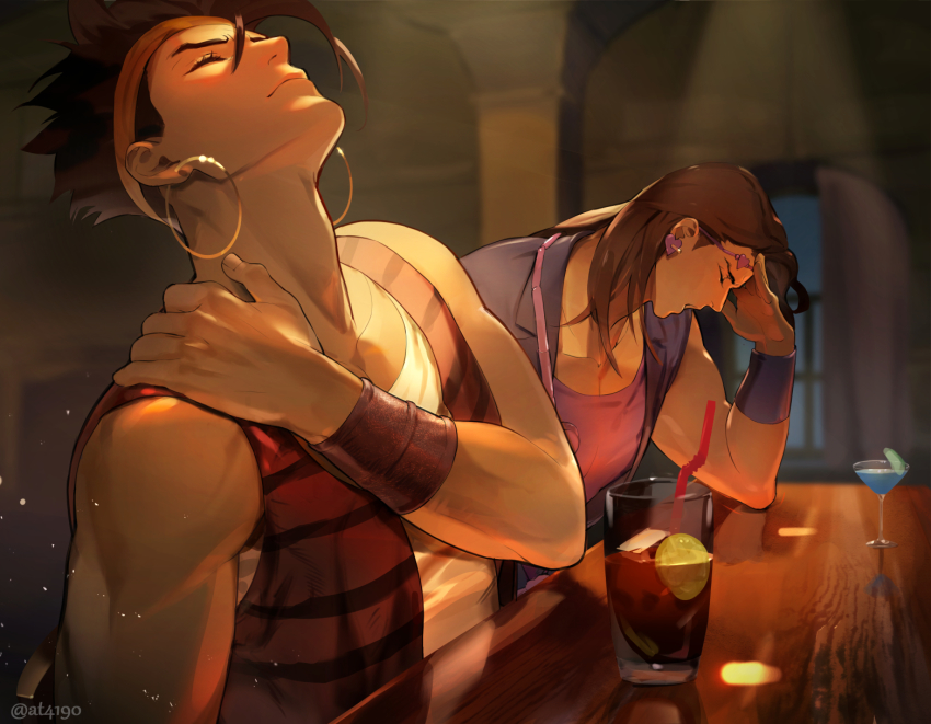 2boys alcohol black_hair black_jacket brown_eyes champagne closed_mouth dark-skinned_male dark_skin drinking_straw earrings glass highres indoors jacket jewelry jojo_no_kimyou_na_bouken juice leotard long_hair multiple_boys n&#039;doul open_mouth purple_leotard red_jacket shirt sleeveless smile stardust_crusaders table vanilla_ice white_shirt window zouhyou_(at4190)