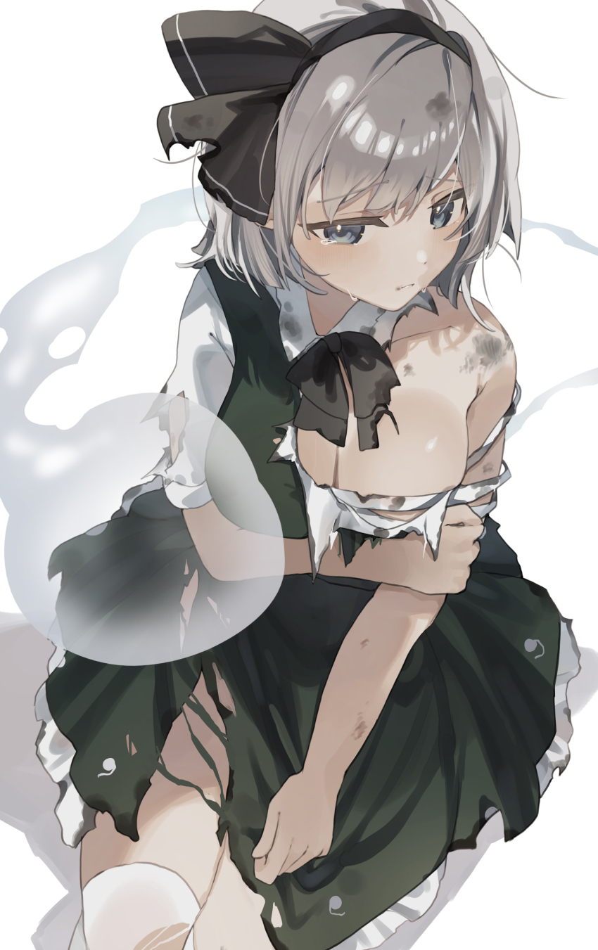 1girl absurdres arm_under_breasts black_bow black_bowtie black_hairband blue_eyes blush bow bowtie breasts cleavage closed_mouth commentary_request ghost green_skirt green_vest grey_hair hairband hand_on_own_arm higa_(gominami) highres hitodama konpaku_youmu large_breasts looking_at_viewer shirt short_hair simple_background single_bare_shoulder skirt tearing_up thighhighs torn_clothes torn_skirt touhou vest white_background white_shirt white_thighhighs
