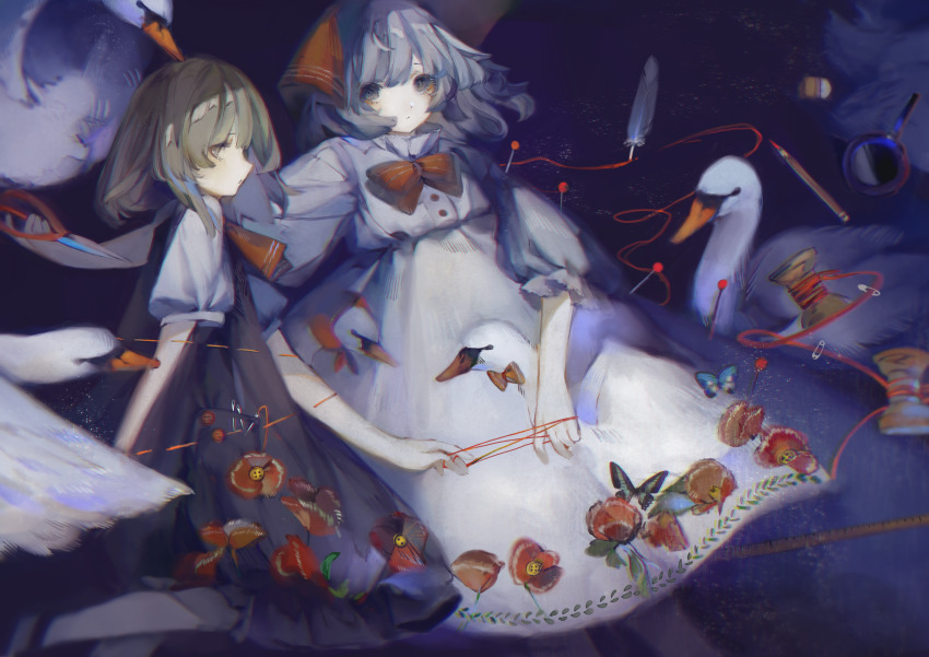 ascot bird black_dress blonde_hair blue_butterfly blue_eyes blue_hair blush bow bowtie bug butterfly buttons chinese_commentary commentary dress feathers flower frilled_sleeves frills hair_bow hair_ribbon highres holding holding_scissors insect looking_at_viewer magnifying_glass mai_(touhou) medium_hair needle orange_bow parted_lips pencil puffy_short_sleeves puffy_sleeves red_ascot red_bow red_bowtie red_flower red_ribbon ribbon scissors shirt short_sleeves sideways_glance spool string swan touhou touhou_(pc-98) white_dress white_shirt yellow_eyes yuki_(touhou) zhixie_jiaobu