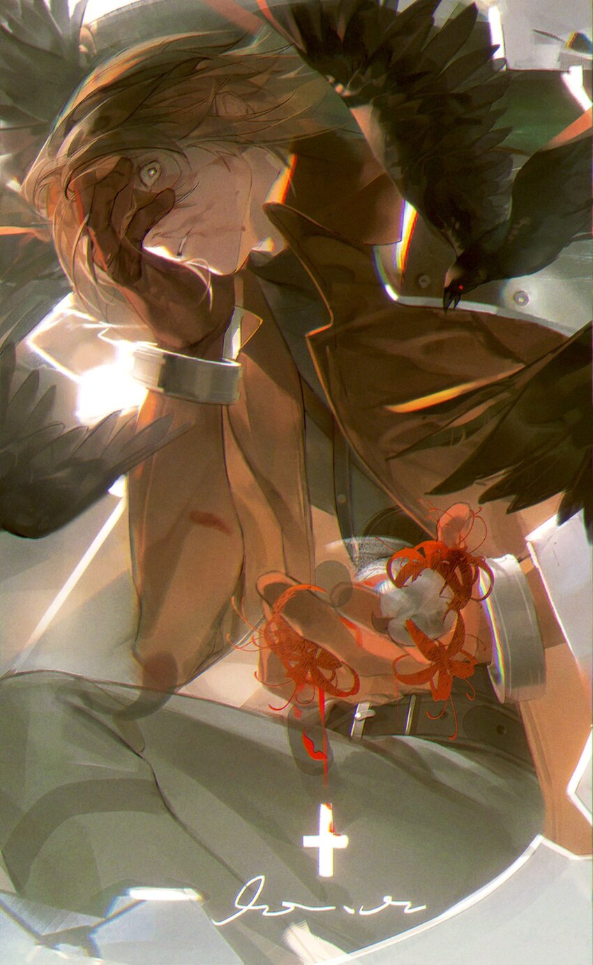 1boy armor bangle belt_buckle bird black_bird bracelet brown_hair buckle chest_strap coat crisis_core_final_fantasy_vii dirty dirty_face final_fantasy final_fantasy_vii flower forrbyshin genesis_rhapsodos gloves hair_between_eyes hand_on_own_face highres holding holding_flower jewelry long_coat male_focus parted_lips red_coat red_eyes red_flower red_gloves short_hair shoulder_armor solo spider_lily upper_body wide-eyed