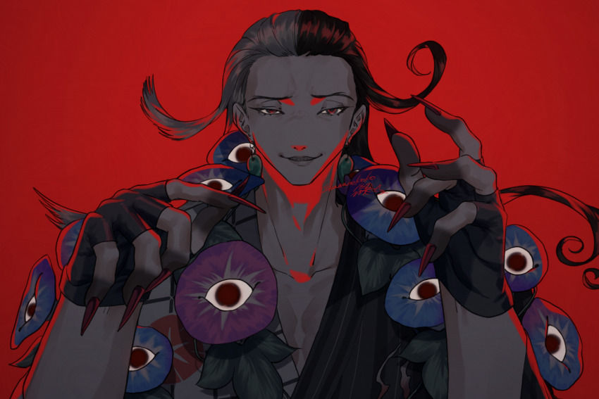 1boy ashiya_douman_(asagao-patterned_yukata)_(fate) ashiya_douman_(fate) black_hair camellia collarbone curly_hair earrings fate/grand_order fate_(series) fingerless_gloves fingernails flower gloves hair_slicked_back hamanekoko japanese_clothes jewelry kimono large_hands long_hair looking_at_viewer magatama magatama_earrings male_focus multicolored_hair official_alternate_costume onmyouji red_background red_eyes red_nails signature simple_background smile split-color_hair two-tone_hair two-tone_kimono upper_body very_long_fingernails very_long_hair white_hair