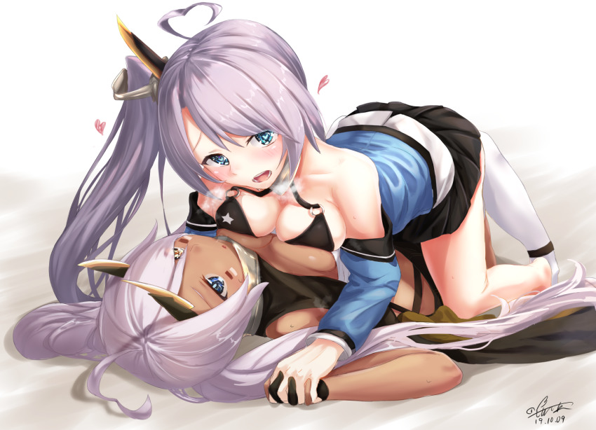 2girls ahoge azur_lane bandeau bikini bikini_top_only black_bikini black_sailor_collar black_skirt blue_eyes blue_shirt blush breast_press breasts breath cleavage commentary_request dark-skinned_female dark_skin facepaint full_body heart heart-shaped_pupils heart_ahoge heterochromia horns incest indianapolis_(azur_lane) large_breasts long_hair looking_at_viewer mechanical_horns medium_breasts miniskirt multiple_girls off_shoulder open_mouth pleated_skirt portland_(azur_lane) purple_hair sailor_collar sebire shirt siblings side_ponytail sisters skirt smile swimsuit symbol-shaped_pupils symmetrical_docking thighhighs turtleneck twintails very_long_hair white_bandeau white_thighhighs yellow_eyes yuri
