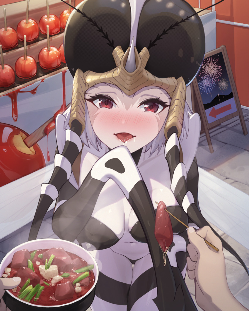 1girl arthropod_girl blush bowl candy_apple feeding food highres monster_girl mosquito_girl mosquito_musume nox13 one-punch_man red_eyes skewer solo_focus tongue tongue_out