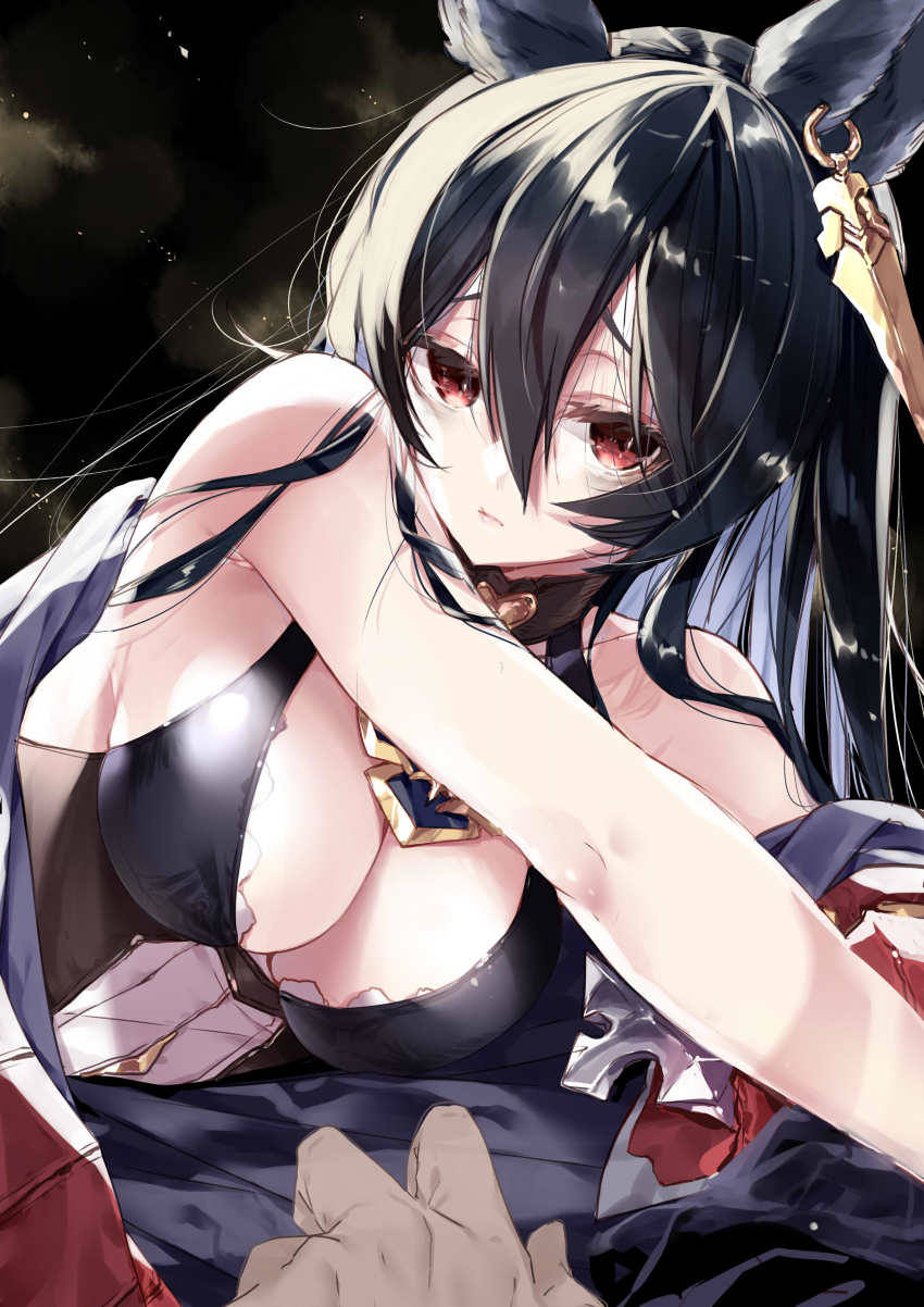 1boy 1girl 218 absurdres animal_ears armpits bare_shoulders black_background black_hair breasts cleavage closed_mouth earrings erune granblue_fantasy hair_between_eyes highres jewelry large_breasts long_hair looking_at_viewer lying nier_(granblue_fantasy) on_side pov red_eyes simple_background solo_focus upper_body very_long_hair