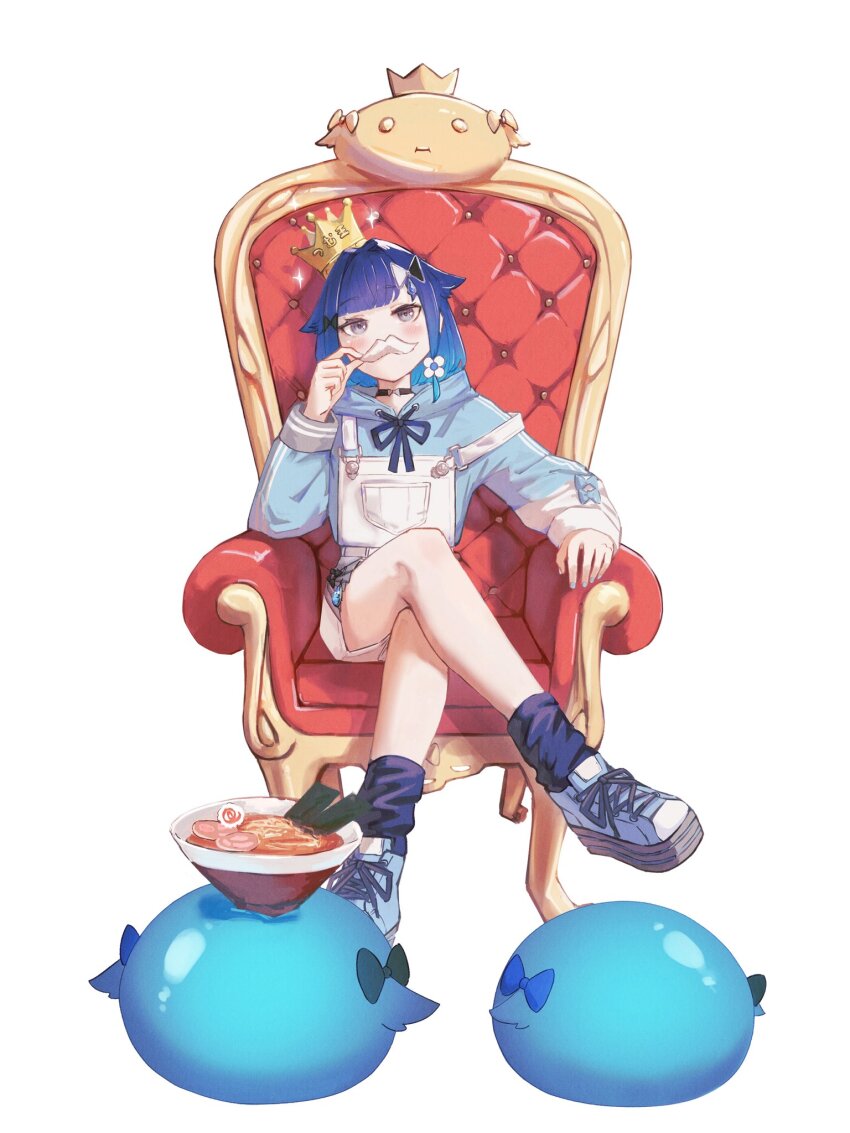 1girl armrest black_choker blue_hair blue_hoodie blue_shoes blue_socks bowl choker crossed_legs crown drawstring fake_facial_hair fake_mustache food gradient_hair grey_hair hair_flaps hair_intakes hair_ornament hairpin highres hood hoodie loose_socks medium_hair multicolored_hair multiple_hairpins noodles overalls platform_shoes ramen shoes simple_background sitting sitting_on_throne slime_(creature) sneakers socks solo strap_slip tied_drawstring tsubu_(kappunioyu562) tsumugi_kokage virtual_youtuber vspo! white_background white_overalls