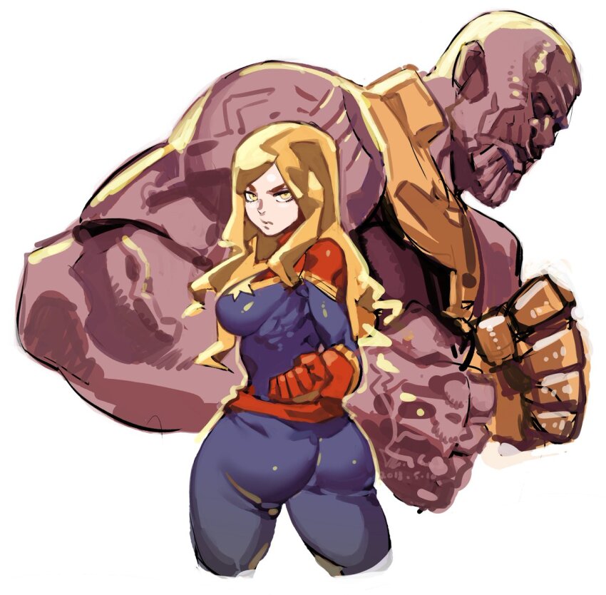 1boy 1girl ass bald blonde_hair blue_bodysuit bodysuit breasts captain_marvel clenched_hand closed_mouth commentary_request cowboy_shot dated facing_away facing_to_the_side from_behind from_side gauntlets gloves ireading long_hair looking_at_viewer looking_back marvel medium_breasts muscular muscular_male parted_bangs red_gloves signature simple_background single_gauntlet star_(symbol) thanos upper_body white_background yellow_eyes
