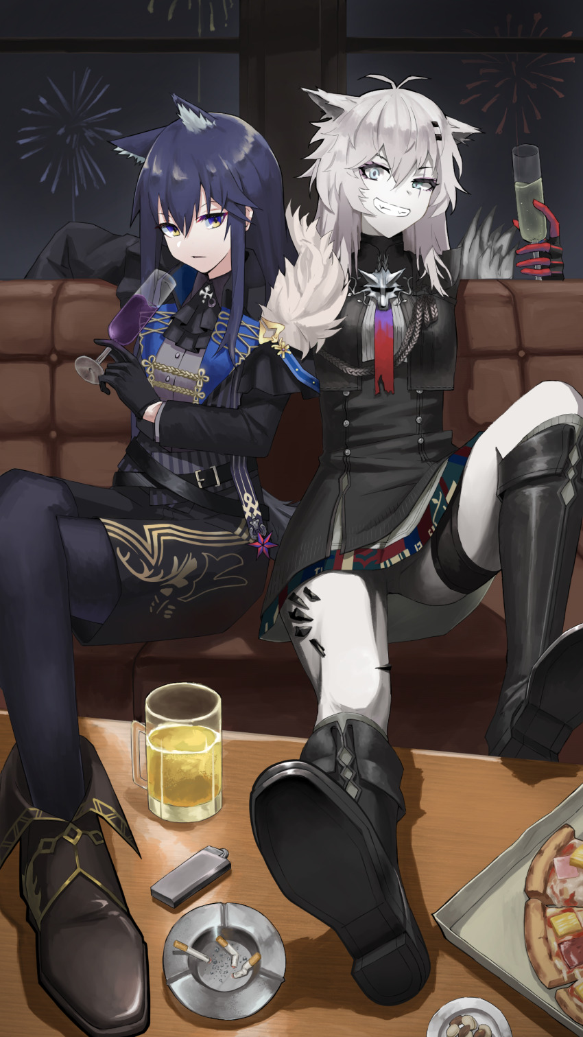 2girls absurdres aerial_fireworks animal_ears ankle_boots arknights ascot ashtray belt belt_buckle black_ascot black_belt black_boots black_gloves black_pantyhose blue-eyes_white_dragon bolo_tie boots buckle cigarette colored_skin commentary couch drink fireworks gloves grey_hair grey_skin grin hair_between_eyes highres holding holding_drink indoors knee_up lappland_(arknights) lappland_the_decadenza_(arknights) long_hair long_sleeves looking_at_viewer material_growth multicolored_eyes multiple_girls official_alternate_costume oripathy_lesion_(arknights) pantyhose purple_eyes purple_hair red_gloves shoe_soles sitting smile tabletennis229 texas_(arknights) texas_the_omertosa_(arknights) texas_the_omertosa_(il_segreto_della_notte)_(arknights) two-tone_eyes uneven_eyes wolf_ears wolf_girl