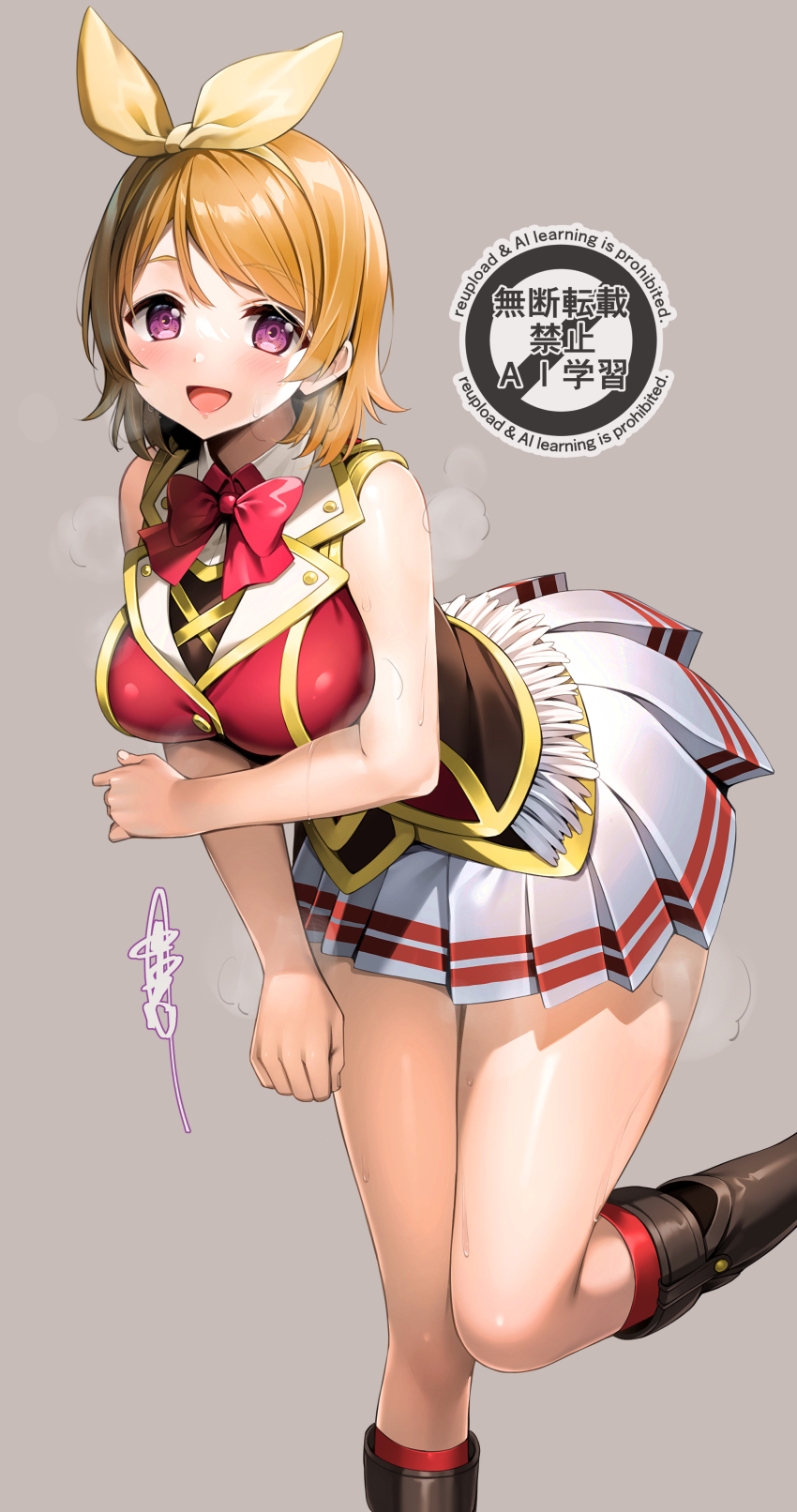 1girl :d absurdres bare_shoulders bent_over black_boots bokura_no_live_kimi_to_no_life boots bow bowtie breasts brown_hair commentary_request feet_out_of_frame grey_background hairband highres jacket knee_boots koizumi_hanayo large_breasts looking_at_viewer love_live! love_live!_school_idol_project miniskirt nakano_maru official_alternate_costume open_mouth pleated_skirt purple_eyes red_bow red_bowtie red_jacket short_hair signature simple_background skirt sleeveless sleeveless_jacket smile solo standing standing_on_one_leg steaming_body watermark white_skirt yellow_hairband