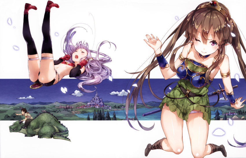 10s 1boy 1girl 2girls black_hair black_shorts black_thighhighs breasts breasts_apart brown_hair closed_eyes clothes_lift detached_sleeves dorsiflexion dragon dress glasses gloves gold_trim green_dress highres legs_up long_hair looking_at_viewer medium_breasts multiple_girls myucel_foalan one_eye_closed open_mouth outbreak_company outside_border panties panty_peek petralka_anne_eldant_iii pleated_dress pointy_ears purple_eyes purple_hair red_footwear red_gloves shiny_skin shoes shorts skirt skirt_lift sleeveless sleeveless_dress smile strapless strapless_dress sword thighhighs underwear upshorts very_long_hair weapon white_panties wrists_extended yuugen