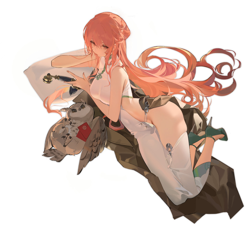 1girl antique_phone azur_lane bare_arms bare_shoulders bird breasts brown_coat china_dress chinese_clothes coat dress eyelashes fingernails green_footwear groin hair_between_eyes hair_flowing_over hair_spread_out hand_on_own_cheek hand_on_own_face high_heels holding holding_phone hongbao kincora long_hair lying medium_breasts nail_polish nose official_art on_side owl perseus_(azur_lane) perseus_(spring_lackadaisical_leisure)_(azur_lane) phone pillow pink_eyes pink_hair pink_nails side_slit simple_background thighs transparent_background white_dress