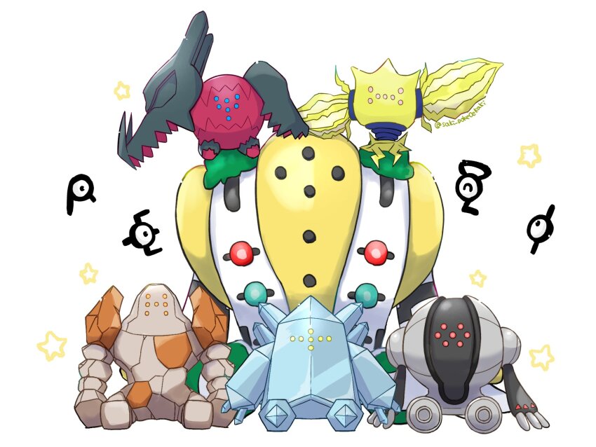 ^_^ artist_name closed_eyes commentary_request creatures_(company) extra_eyes game_freak gen_2_pokemon gen_3_pokemon gen_4_pokemon gen_8_pokemon highres legendary_pokemon looking_at_viewer nintendo no_humans on_shoulder one-eyed pokemon pokemon_(creature) regice regidrago regieleki regigigas regirock registeel saki_pokeoekaki simple_background sitting sitting_on_shoulder twitter_username unown unown_e unown_g unown_i unown_r unownglyphics white_background