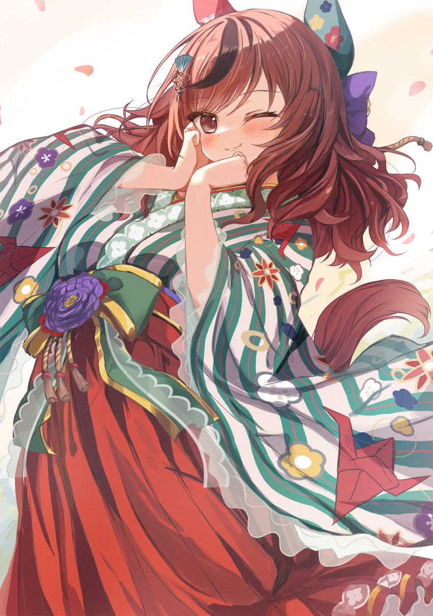 1girl animal_ears artist_name black_eyes blush bow brown_hair closed_mouth commentary_request cowboy_shot cutlass_(classic_chocolate) ear_covers floral_print green_kimono hair_bow hair_down highres holding horse_ears horse_girl horse_tail japanese_clothes kimono long_hair long_sleeves looking_at_viewer medium_hair multicolored_hair nice_nature_(converging_wishes)_(umamusume) nice_nature_(umamusume) official_alternate_costume official_alternate_hairstyle print_kimono purple_bow simple_background smile streaked_hair striped_clothes striped_kimono tail two-tone_hair umamusume vertical-striped_clothes vertical-striped_kimono wide_sleeves