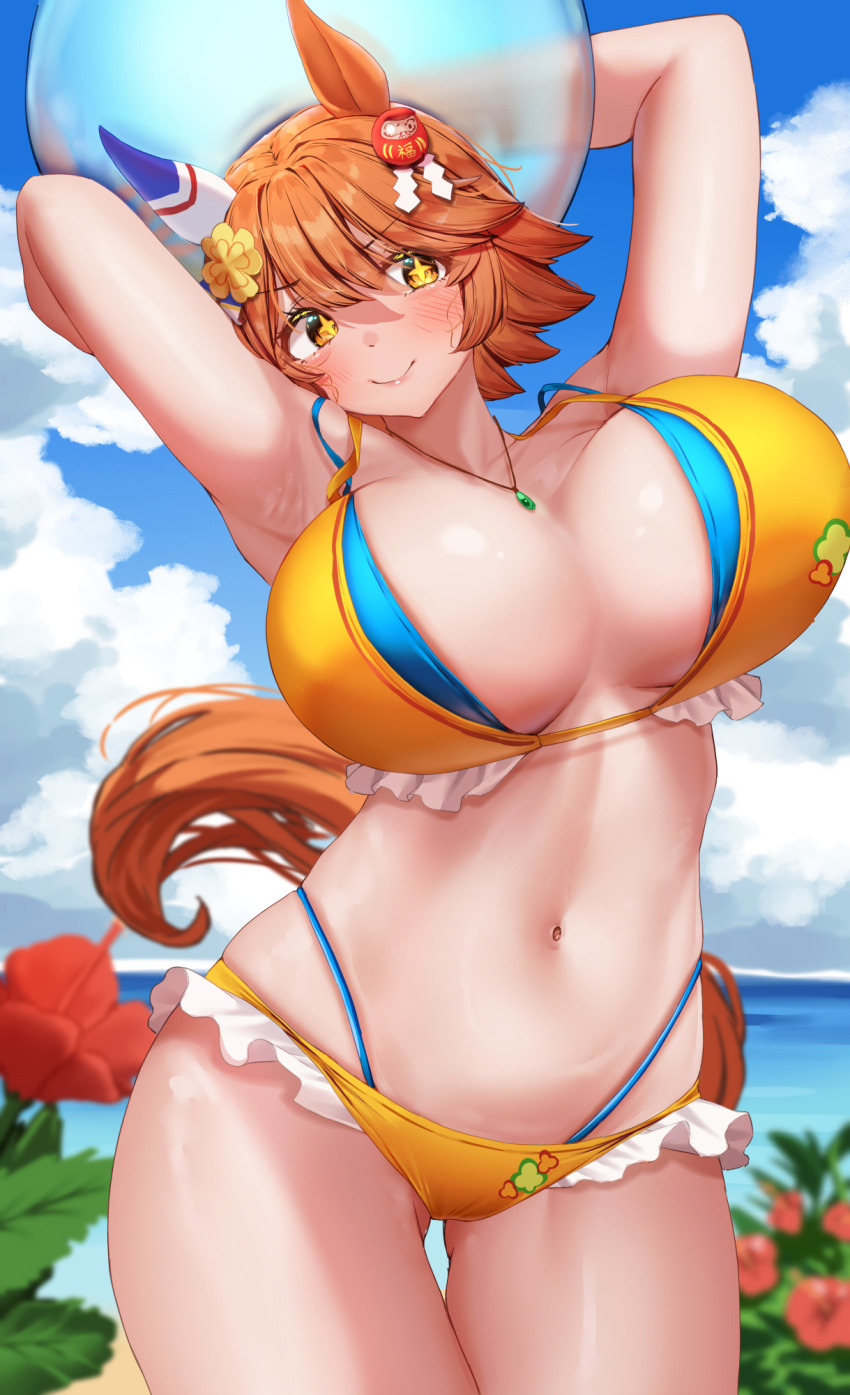 +_+ 1girl alternate_breast_size alternate_costume animal_ears armpits arms_up ball beach beachball bikini blue_sky blush breasts cleavage closed_mouth cloud cloudy_sky clover_hair_ornament commentary_request cowboy_shot daruma_doll day ear_covers flipped_hair four-leaf_clover_hair_ornament gluteal_fold hair_ornament highres holding holding_ball holding_beachball horse_ears horse_girl horse_tail large_breasts layered_bikini looking_at_viewer matikanefukukitaru_(umamusume) navel ocean orange_bikini orange_hair outdoors sand short_hair single_ear_cover sky smile solo stomach swimsuit tabunshake tail umamusume water