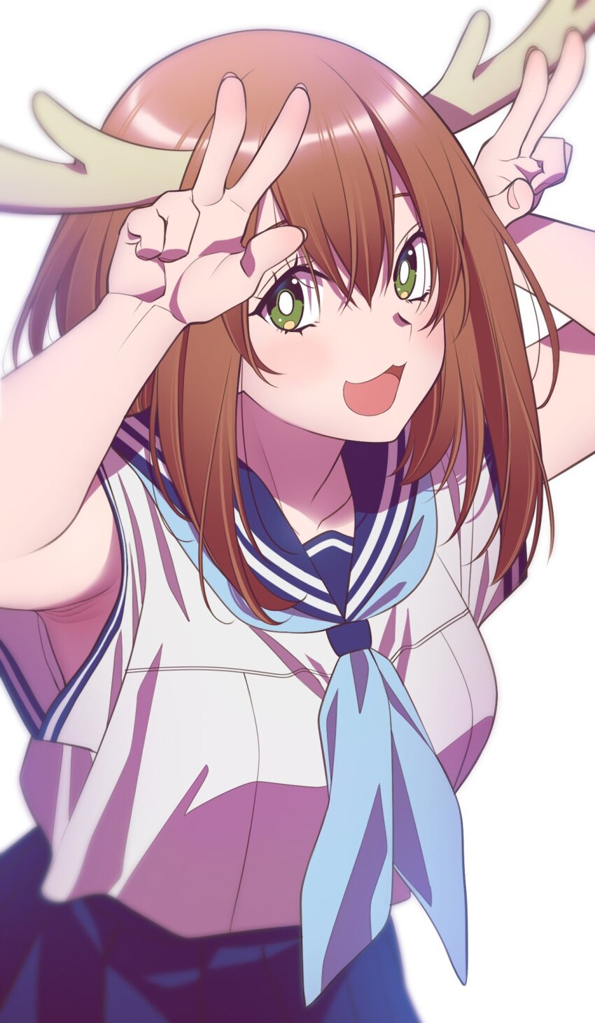andrian_januar_adilia armpits arms_up breasts brown_hair double_v green_eyes highres large_breasts light_blush sailor school_uniform shikanoko_noko shikanoko_nokonoko_koshitantan simple_background smile v