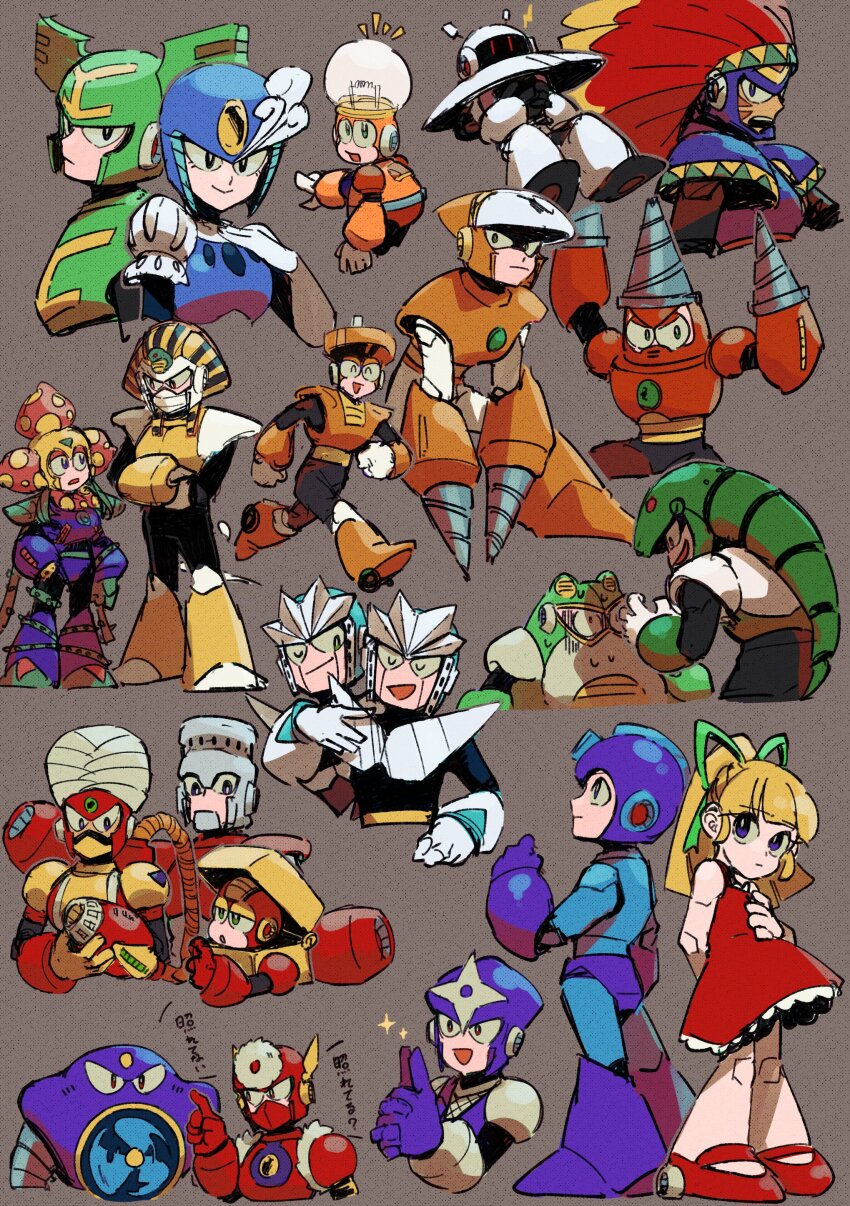 1278mkyp 2girls 6+boys absurdres air_man blonde_hair bright_man colored_sclera commentary covered_mouth crash_man drill_man english_commentary fire_man flame_man galaxy_man gemini_man hair_ribbon heat_man helmet highres in-franchise_crossover light_frown looking_at_viewer medium_hair mega_man_(character) mega_man_(classic) mega_man_(series) mega_man_1 mega_man_2 mega_man_3 mega_man_4 mega_man_6 mega_man_9 metal_man multiple_boys multiple_girls no_mouth own_hands_together pharaoh_man plant_man red_sclera ribbon robot roll_(mega_man) shadow_man_(mega_man) smile snake_man splash_woman toad_man tomahawk_man top_man tornado_man turban