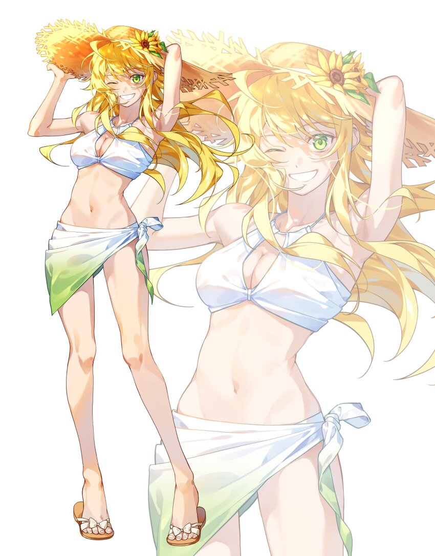 1girl ;d absurdres ahoge armpits arms_up bare_legs bikini blonde_hair blush breasts commentary commentary_request floating_hair flower full_body green_eyes groin hat hat_flower highres hoshii_miki idolmaster idolmaster_(classic) idolmaster_million_live! keeshu_050 large_breasts long_hair looking_at_viewer navel one_eye_closed open_mouth partial_commentary sandals sarong simple_background smile stomach straight_hair straw_hat sunflower swimsuit toes very_long_hair white_background white_bikini zoom_layer