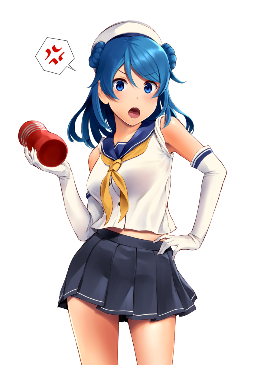 1girl :o anger_vein angry artificial_vagina bare_shoulders black_skirt blue_eyes blue_hair blue_sailor_collar blush breasts commentary_request cowboy_shot double_bun elbow_gloves female_focus gloves hair_bun hand_on_own_hip hat highres holding kantai_collection looking_at_viewer medium_breasts medium_hair neckerchief pleated_skirt sailor_collar sailor_hat sex_toy shirt simple_background skirt sleeveless sleeveless_shirt solo speech_bubble spoken_anger_vein swept_bangs tenga urakaze_(kancolle) v-shaped_eyebrows wa_(genryusui) white_background white_gloves white_hat white_shirt yellow_neckerchief
