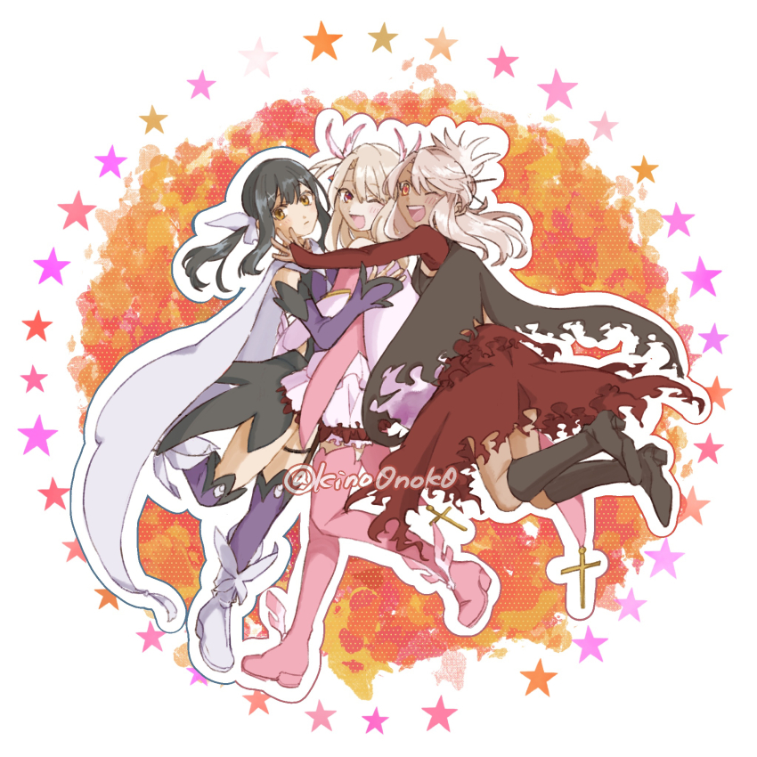 3girls :d ;d black_footwear black_hair black_skirt blonde_hair boots chloe_von_einzbern chloe_von_einzbern_(archer_install) commentary_request cross dark-skinned_female dark_skin detached_sleeves expressionless fate/kaleid_liner_prisma_illya fate_(series) feather_hair_ornament feathers foot_up glomp grey_hair hair_bun hair_ornament hair_ribbon hairpin highres hug illyasviel_von_einzbern kino0nok0 knee_boots long_hair long_sleeves miyu_edelfelt miyu_edelfelt_(magical_girl) multiple_girls one_eye_closed open_mouth pink_boots prisma_illya purple_sleeves purple_thighhighs red_eyes ribbon skirt smile star_(symbol) teeth thigh_boots thighhighs twitter_username upper_teeth_only white_footwear white_ribbon white_skirt yellow_eyes