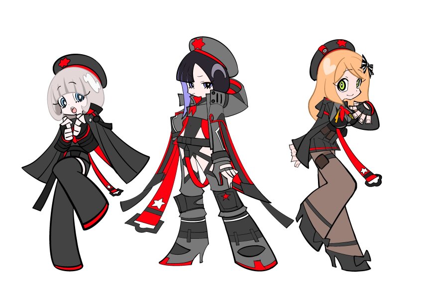 3girls absolute_(nikke) absurdres asymmetrical_bangs beret black_hair black_hat black_leotard black_shoes black_skirt blue_eyes boots breasts brown_hair commentary_request emma_(nikke) eunhwa_(nikke) frown goddess_of_victory:_nikke grey_boots grey_hair grey_hat hat highres large_breasts leotard long_hair medium_hair multiple_girls open_mouth panty_&amp;_stocking_with_garterbelt pantyhose parody shoes skirt smile star-shaped_pupils star_(symbol) style_parody symbol-shaped_pupils vesti_(nikke) white_background yellow_eyes yorha_oekaki