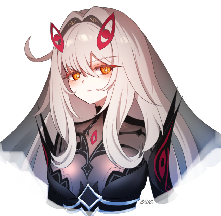 1girl ahoge artist_name breasts closed_mouth ewaaawa eye_hair_ornament eye_symbol genshin_impact hair_between_eyes hair_ornament highres long_hair looking_at_viewer ronova_(genshin_impact) side_ahoge solo white_background white_hair