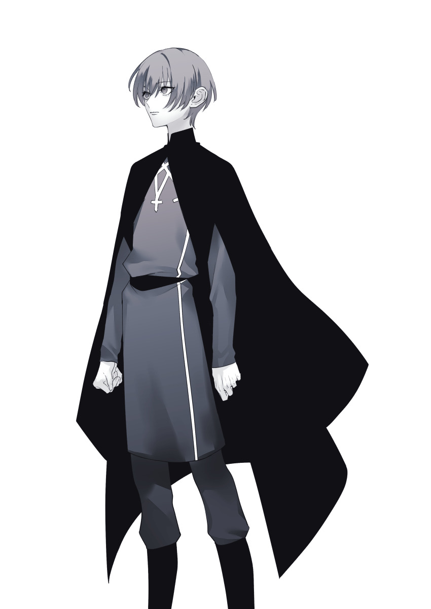 1boy absurdres male_byleth_(fire_emblem) cape clenched_hand closed_mouth commentary_request feet_out_of_frame fire_emblem fire_emblem:_three_houses greyscale hair_behind_ear highres long_sleeves looking_to_the_side male_focus monochrome nintendo pants sideways_glance simple_background sleeves_past_wrists solo standing urup_zzz white_background
