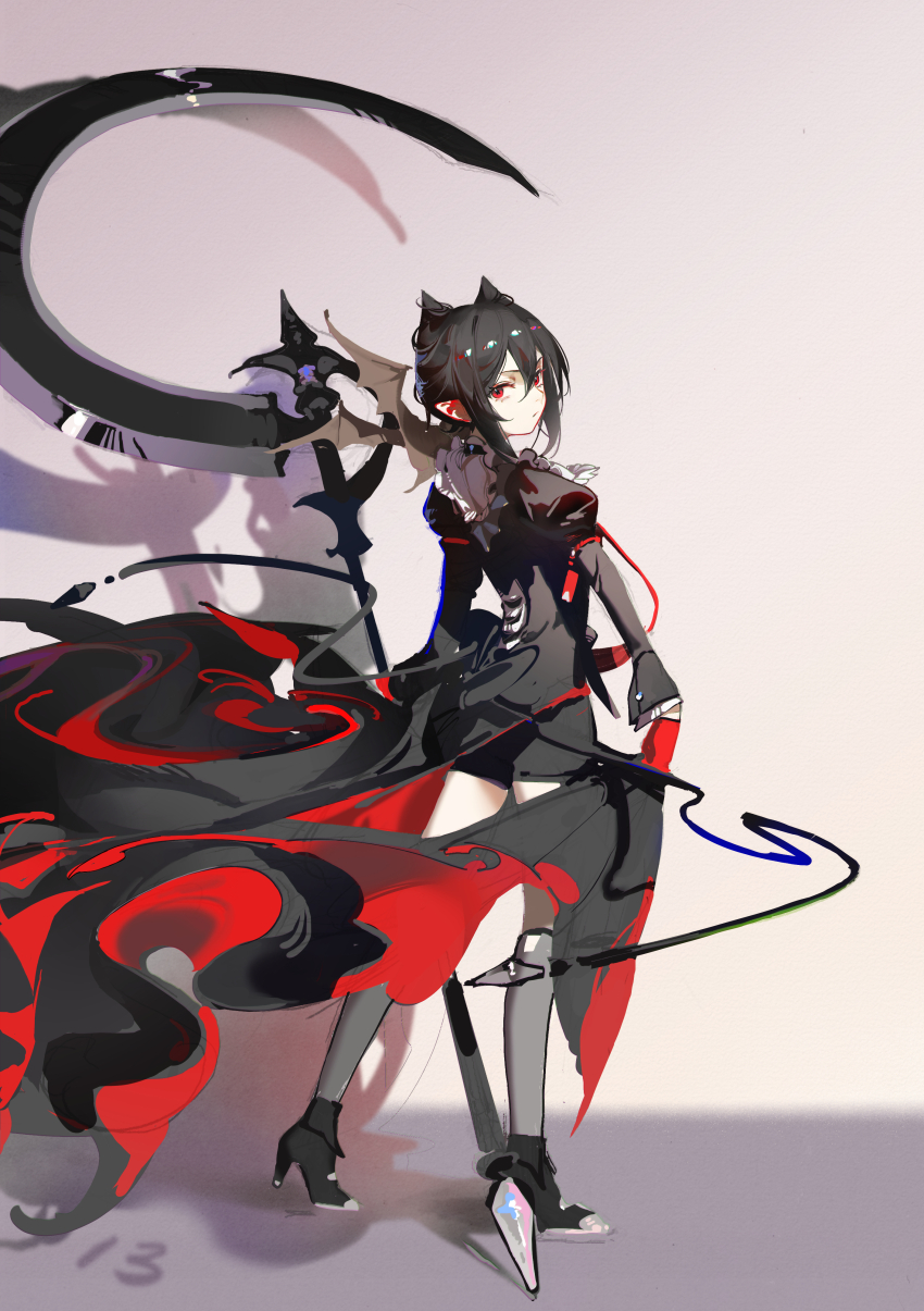 1girl absurdres arknights black_dress black_hair dress entelechia_(arknights) from_behind full_body grey_socks high_heels highres jiuxiaoshi juliet_sleeves kneehighs long_sleeves looking_at_viewer looking_back puffy_sleeves red_eyes scythe short_hair sidelocks socks solo standing