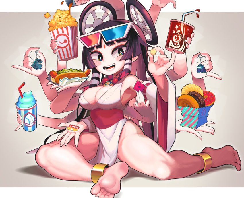 1girl 3d_glasses anklet bag barefoot black_hair breasts butter cleavage coca-cola condom detached_sleeves donut dress drinking_straw extra_arms feet food gashi-gashi heterochromatic_eyewear hot_dog jewelry light_blush lipstick long_hair makeup medium_breasts napkin necklace original popcorn sash sitting slushie smile soles solo thighs ticket tinted_eyewear toes wheel yokozuwari