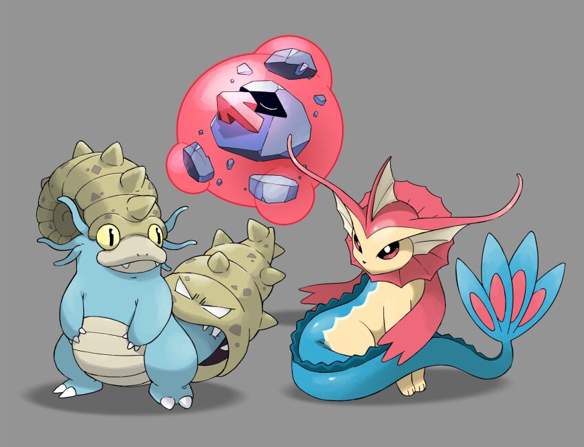 absurdres animal_focus arnau bright_pupils claws closed_eyes closed_mouth duosion fangs floating full_body fusion gen_1_pokemon gen_3_pokemon gen_5_pokemon grey_background highres milotic nintendo no_humans nosepass omastar pokemon pokemon_(creature) pokemon_infinite_fusion red_eyes rock shell simple_background sitting slit_pupils slowbro spikes standing u_u vaporeon white_eyes white_pupils yellow_eyes