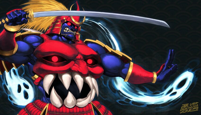 1boy absurdres armor bishamon_(darkstalkers) blue_skin clenched_teeth colored_skin dark_background darkstalkers fangs fighting_stance ghost gloves glowing glowing_eyes grin hand_on_blade helm helmet highres holding japanese_armor kabuto_(helmet) katana kote kusazuri looking_at_viewer male_focus mask muscular muscular_male pauldrons red_armor red_eyes samurai sharp_teeth shoulder_armor signature smile sode solo spirit spunkyramaz stomach_mouth sword teeth weapon