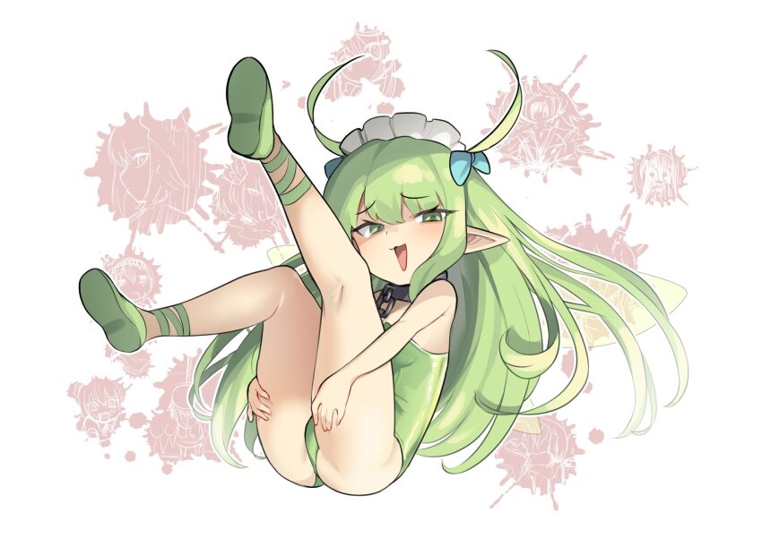 1girl antenna_hair ass bare_shoulders black_souls breasts collar fairy fairy_wings green_eyes green_hair green_leotard green_shoes hands_on_own_thighs highres kneepits leaf_(black_souls) leaning_back legs legs_up leotard long_hair maid_headdress monomogi naughty_face open_mouth pointy_ears shoes sitting small_breasts smile solo strapless strapless_leotard thighs wings