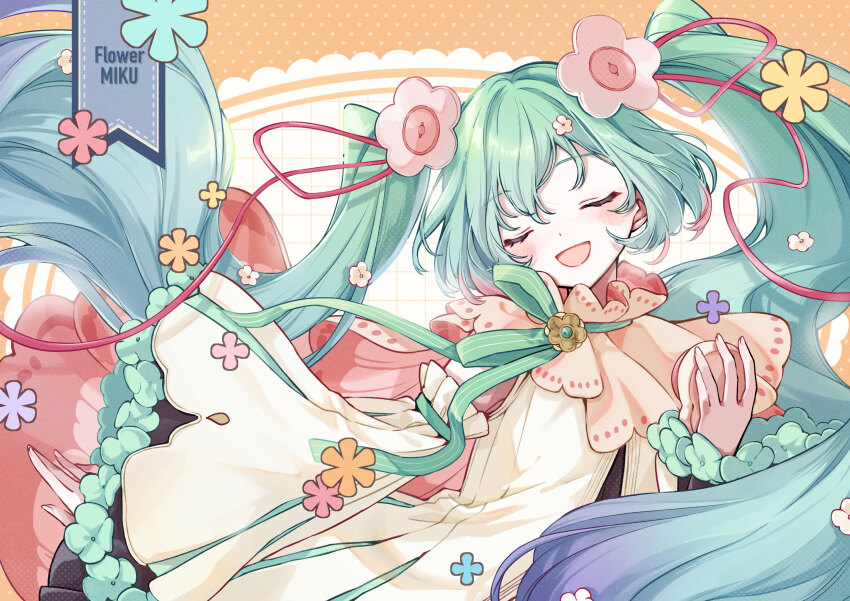 1girl :d absurdres aqua_hair aqua_trim arm_at_side blush character_name closed_eyes commentary_request detached_sleeves dress fingernails flower flower-trimmed_dress flower-trimmed_sleeves flower_brooch flower_trim gradient_hair green_brooch green_hair green_ribbon grid_background hair_flower hair_ornament hand_up hatsune_miku highres long_hair magical_mirai_(vocaloid) magical_mirai_miku magical_mirai_miku_(2021) multicolored_hair nagitofuu neck_ribbon open_mouth orange_background polka_dot polka_dot_background purple_hair ribbon simple_background smile solo twintails two-tone_background very_long_hair vocaloid white_background white_flower wide_sleeves yellow_dress yellow_sleeves