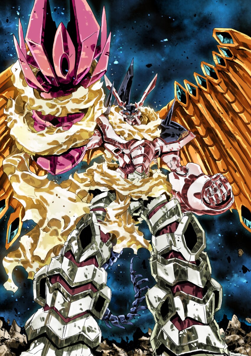 absurdres arm_cannon betterman betterman_cataphract clenched_hand garimpeiro hakaiou:_gaogaigar_vs._betterman highres kaiju looking_at_viewer no_humans orange_eyes sharp_teeth space tail teeth weapon wings