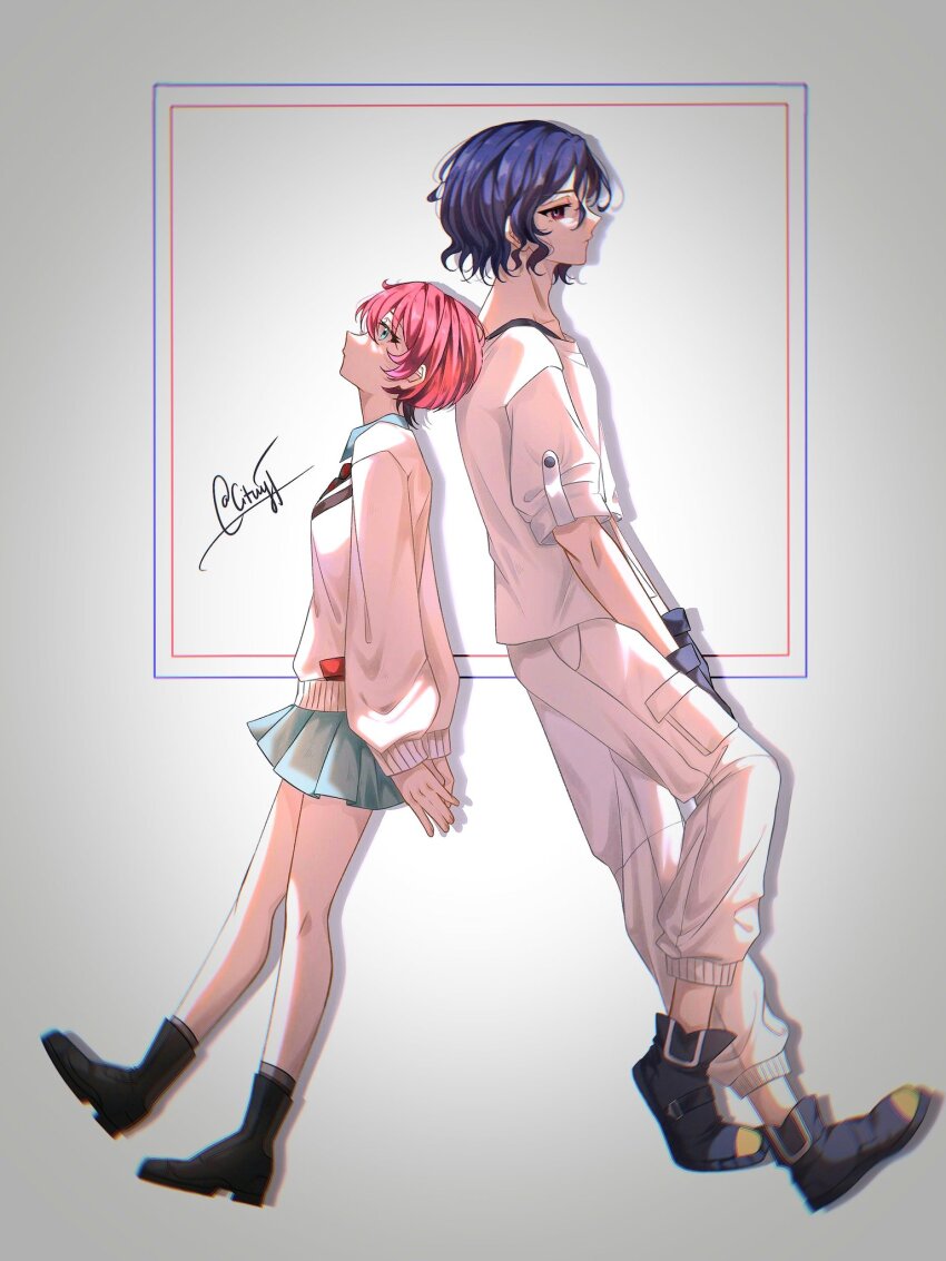 1boy 1girl amate_yuzuriha aqua_eyes back-to-back blue_hair collared_shirt commentary full_body gloves grey_background gundam gundam_gquuuuuux hashtag-only_commentary highres long_sleeves necktie pants red_eyes red_hair school_uniform sh_machu shirt shoes short_hair short_sleeves shuji_ito skirt standing standing_on_one_leg sweater white_shirt
