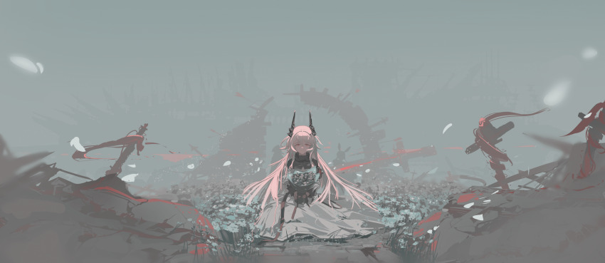 1girl absurdres amiya_(arknights) aqua_flower arknights black_dress black_flower black_horns bouquet chinese_commentary closed_mouth commentary_request doctor_(arknights) dress fashi_laizi_weilai flower hair_between_eyes highres holding holding_bouquet horns long_dress long_hair long_sleeves looking_at_viewer muted_color pink_eyes pink_hair silhouette sitting smile solo surreal theresa_(arknights) white_dress wide_shot