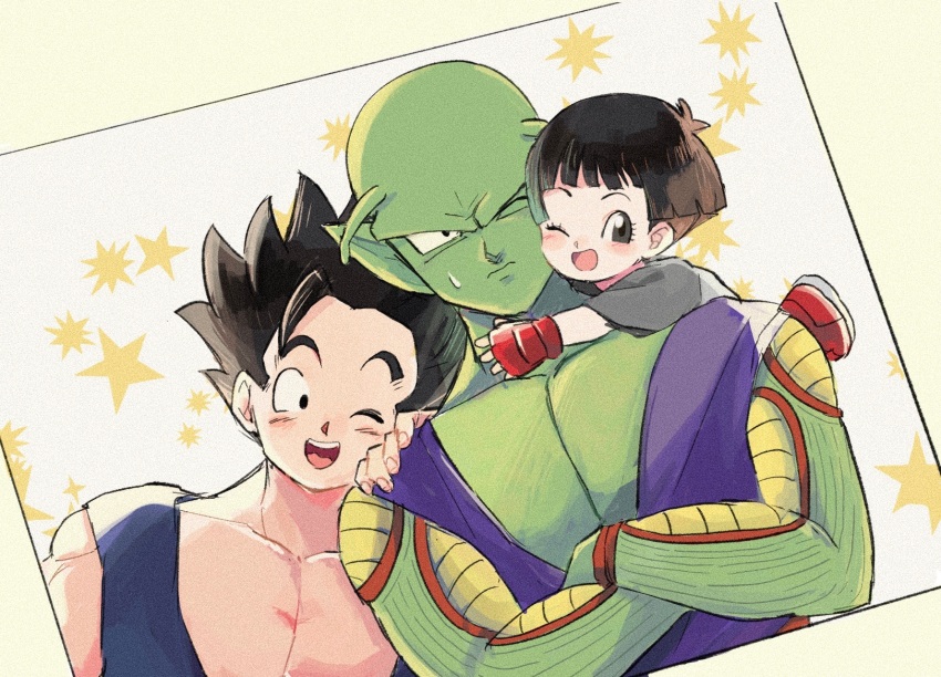 1girl 2boys ;d antennae bald black_eyes black_hair blunt_ends blush child closed_mouth collarbone colored_skin commentary_request crossed_arms dougi dragon_ball dragon_ball_super dragon_ball_super_super_hero eyelashes father_and_daughter fingerless_gloves frown gloves green_skin grey_shirt hand_on_another&#039;s_shoulder head_on_another&#039;s_shoulder highres hug j_ooey multiple_boys namekian one_eye_closed open_mouth pan_(dragon_ball) pectorals photo_(object) piccolo pointy_ears red_footwear red_gloves shirt shoes short_hair short_sleeves simple_background smile son_gohan spiked_hair star_(symbol) sweatdrop teeth upper_body upper_teeth_only yellow_background