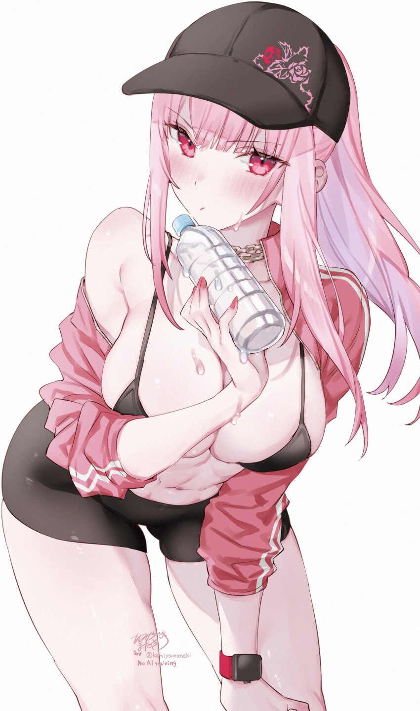 1girl abs absurdres alternate_costume baseball_cap bent_over bike_shorts black_shorts black_sports_bra blunt_bangs breasts cleavage closed_mouth commentary english_commentary hat highres hololive hololive_english jacket kamiya_maneki large_breasts long_hair looking_at_viewer mori_calliope navel open_clothes open_jacket pink_eyes pink_hair pink_jacket ponytail short_shorts shorts sidelocks simple_background single_off_shoulder solo sports_bra track_jacket virtual_youtuber white_background