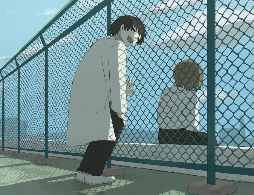 2boys ^_^ absurdres attempted_suicide avogado6 black_hair black_pants chain-link_fence closed_eyes cloud cloudy_sky collared_shirt commentary doctor fence highres imminent_suicide lab_coat light_brown_hair long_sleeves male_focus multiple_boys open_mouth original pants rooftop school_uniform shadow shirt shirt_tucked_in short_hair sitting sky