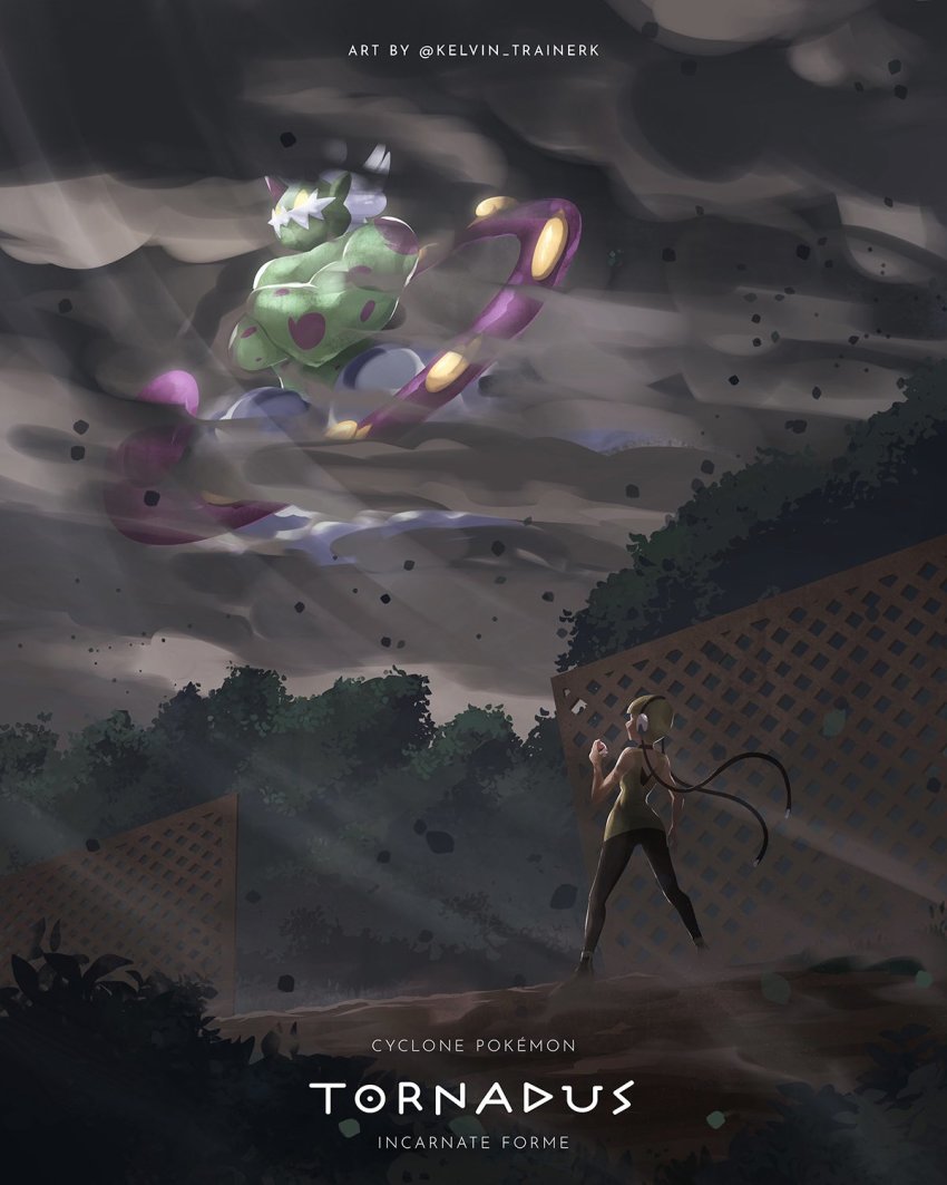 1girl bare_arms black_pants blonde_hair blurry cable character_name cloud cloudy_sky commentary copyright_name elesa_(pokemon) english_commentary falling_leaves fence gen_5_pokemon hand_up headphones highres holding holding_poke_ball kelvin-trainerk leaf legendary_pokemon legs_apart nintendo outdoors pants poke_ball pokemon pokemon_(creature) pokemon_bw shirt short_hair sky sleeveless sleeveless_shirt standing tornadus tornadus_(incarnate) twitter_username wind yellow_shirt