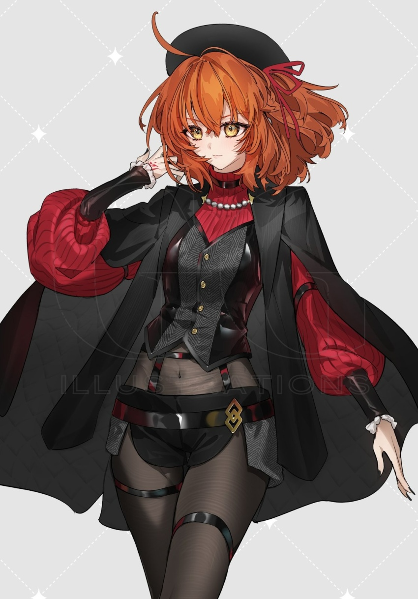 1girl ahoge bodysuit breasts closed_mouth fate/grand_order fate_(series) fujimaru_ritsuka_(female) galibo grey_background highres orange_eyes orange_hair small_breasts