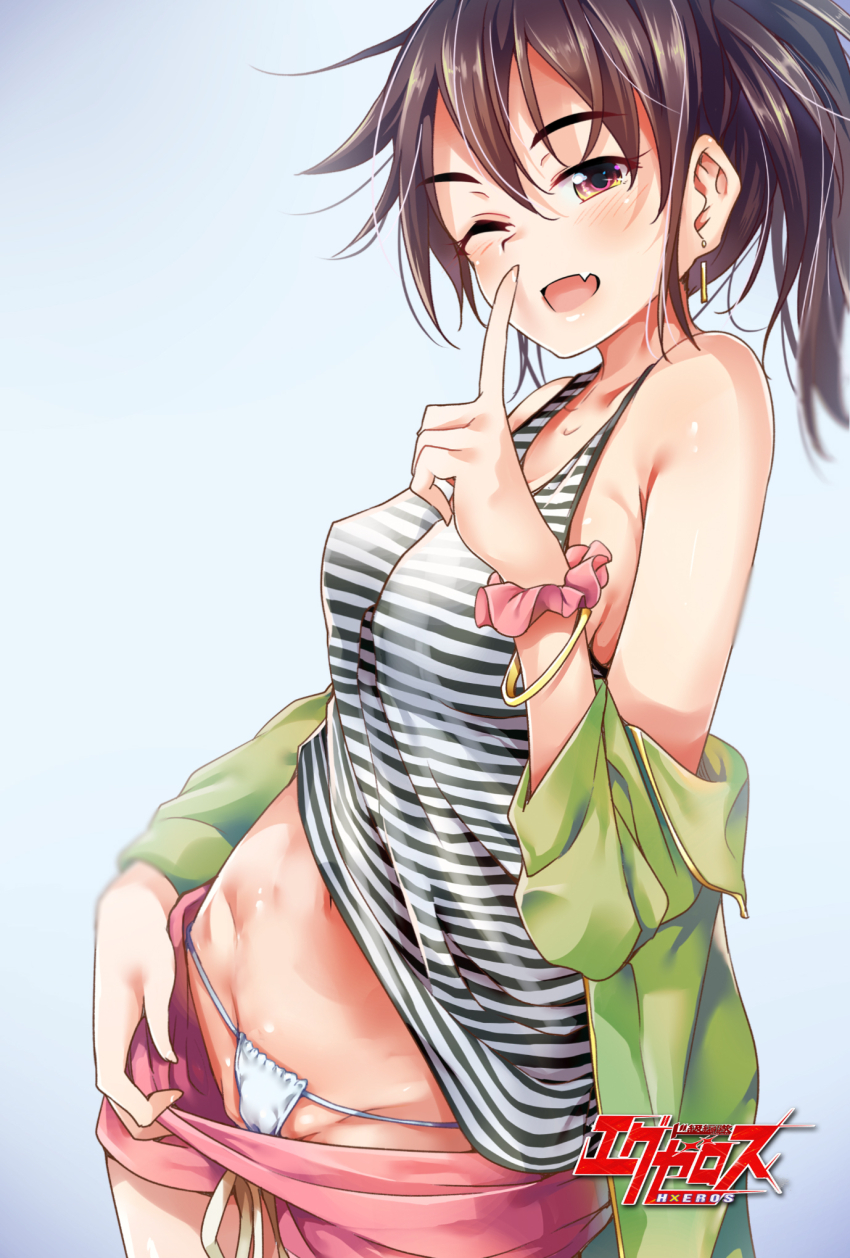 1girl :d bangle bare_shoulders blush bow bow_panties bracelet breasts brown_eyes brown_hair clothes_pull contrapposto copyright_name dokyuu_hentai_hxeros drawstring earrings fang green_jacket groin hair_between_eyes highres index_finger_raised jacket jewelry long_hair looking_at_viewer momozono_momoka navel off_shoulder official_art one_eye_closed open_mouth panties panties_under_shorts pink_shorts ryouma_(galley) short_shorts shorts shorts_pull side_ponytail sideboob small_breasts smile solo standing stomach string_panties striped_tank_top tank_top underwear white_background white_panties wristband