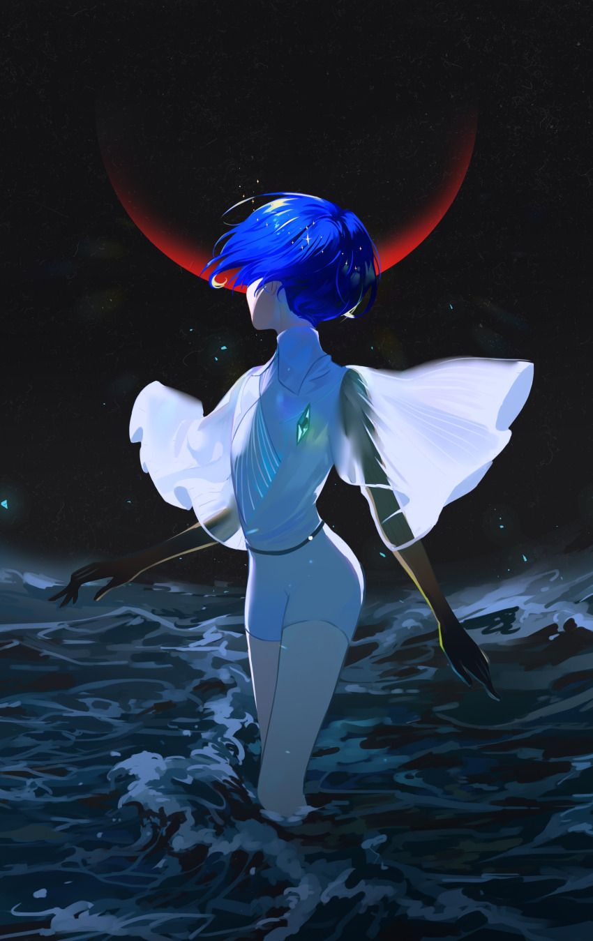 1other absurdres blue_hair bowl_cut floating_clothes floating_hair gem golden_arms green_gemstone highres houseki_no_kuni looking_back moon moon_uniform_(houseki_no_kuni) nature night night_sky ocean other_focus outdoors phosphophyllite phosphophyllite_(gemstone) phosphophyllite_(ll) red_moon see-through_clothes see-through_sleeves short_hair short_sleeves sky solo spoilers wading walking water wide_sleeves yao_(kiwi_hiu)