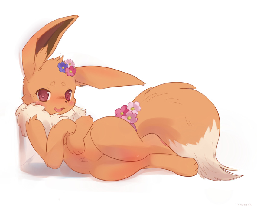 :3 ancesra animal_focus artist_name blush creatures_(company) eevee flower fluffy full_body game_freak gen_1_pokemon hair_flower hair_ornament hand_up happy highres legs_together looking_at_viewer lying nintendo no_humans on_side open_mouth pink_flower pokemon pokemon_(creature) purple_eyes purple_flower simple_background smile solo watermark white_background