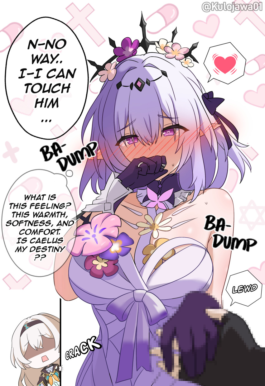 1boy 2girls absurdres black_gloves black_hairband black_tiara blush breasts caelus_(honkai:_star_rail) castorice_(honkai:_star_rail) censored corrupted_twitter_file covering_own_mouth dress ear_blush firefly_(honkai:_star_rail) gloves grey_hair hairband heart heart-shaped_pupils heartbeat hetero highres holding_hands honkai:_star_rail honkai_(series) jealous kulojawa large_breasts mosaic_censoring multiple_girls nose_blush open_mouth pointy_ears purple_eyes purple_gloves purple_hair sleeveless sleeveless_dress spoken_heart symbol-shaped_pupils tiara trailblazer_(honkai:_star_rail) twitter_username white_dress